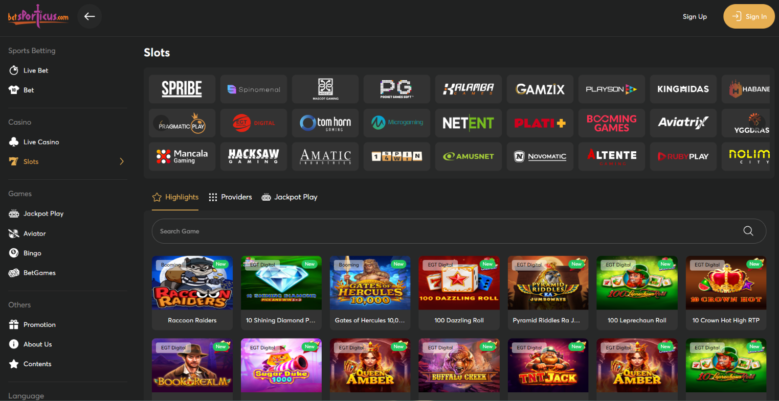 Betsporticus slot games from Pragmatic Play, Hacksaw Gaming and NetEnt