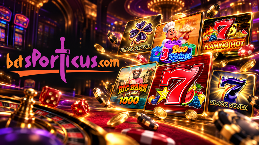 Betsporticus Casino Review cover featuring the brand logo, slot game artwork, roulette and casino chips