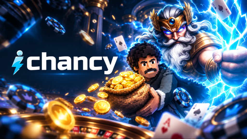 iChancy casino review cover featuring the brand logo, Zeus, a pixel-style character holding gold coins, playing cards and casino chips.