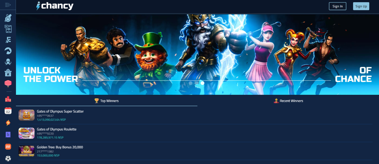 iChancy casino homepage with a game-character banner, Sign In and Sign Up buttons, and a Top Winners section.