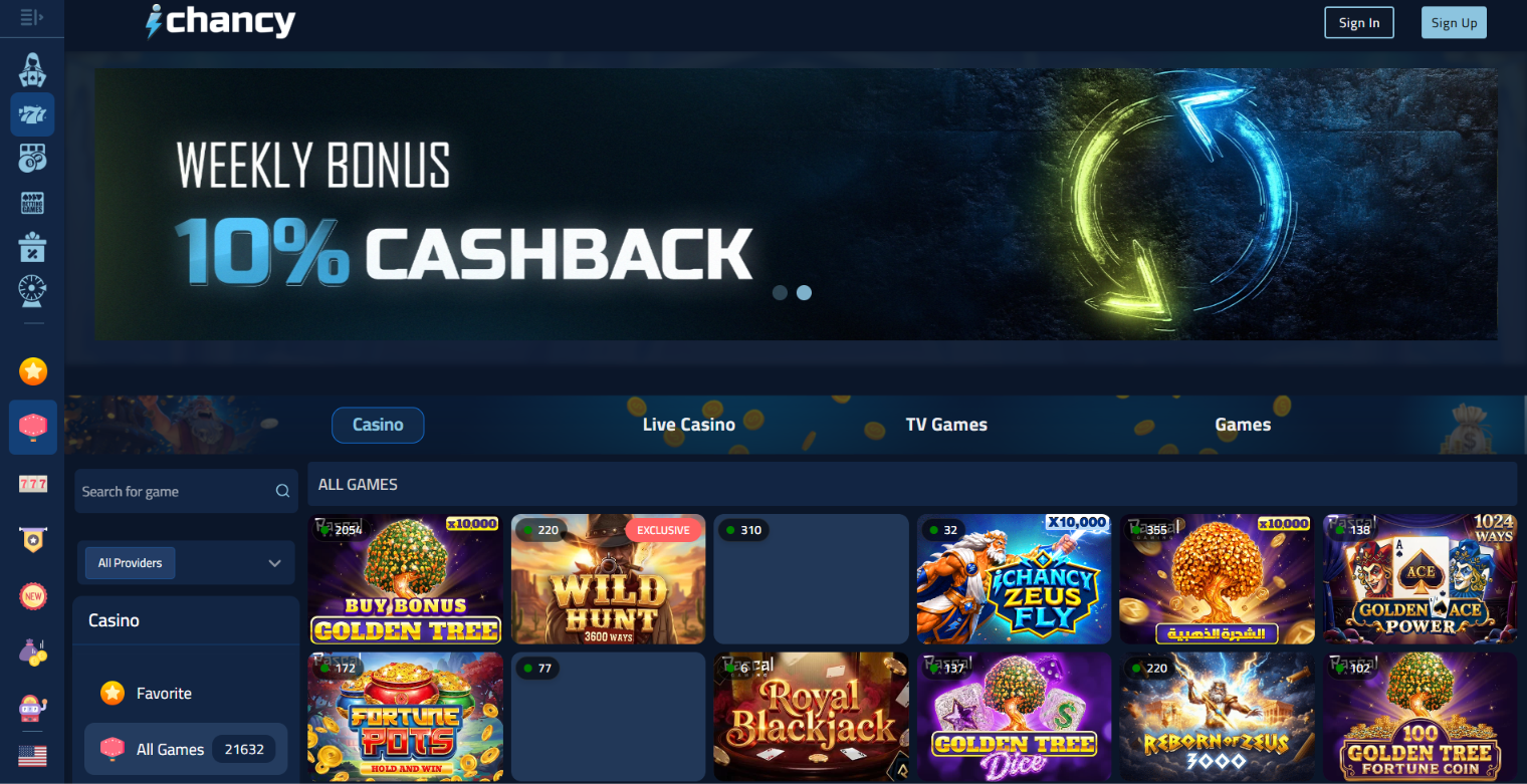 iChancy casino lobby with a weekly 10% cashback banner, game search, provider filters and slot games.