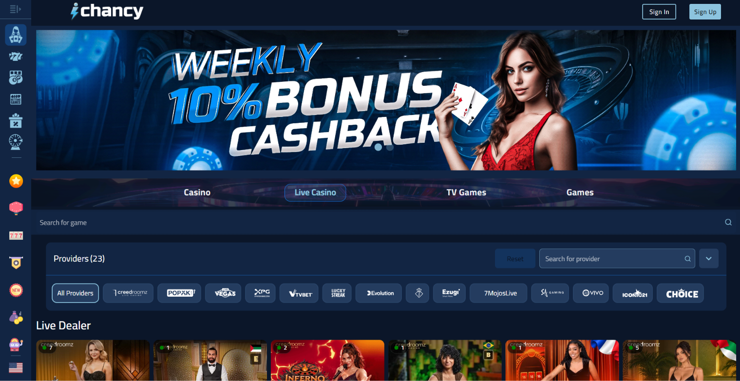 iChancy live casino lobby with a weekly 10% cashback banner, provider filters and live dealer games.