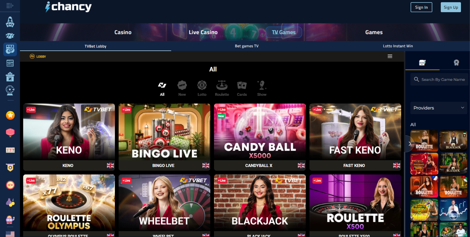 iChancy TV Games lobby featuring TVBet live keno, bingo, roulette, blackjack and wheel games.