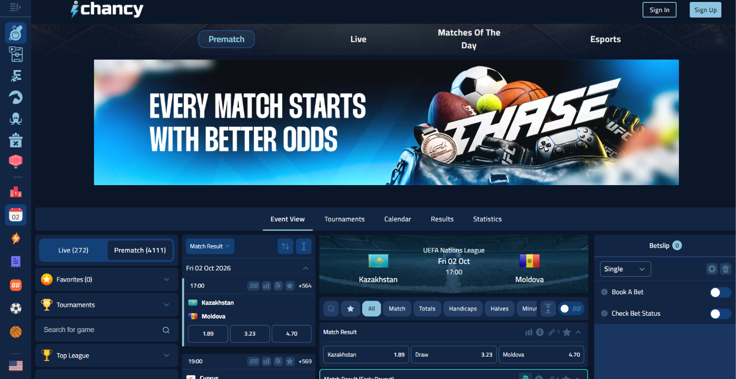 iChancy sportsbook with pre-match football odds, live betting navigation, match markets and a bet slip.