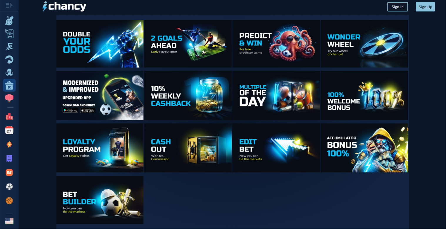 iChancy promotions page featuring a 100% welcome bonus, 10% weekly cashback, loyalty rewards and sports betting offers.