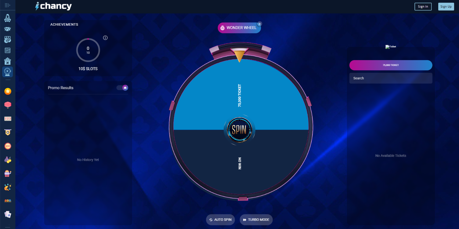 iChancy Wonder Wheel with a Spin button, ticket reward segment, achievement tracker and promotion results.
