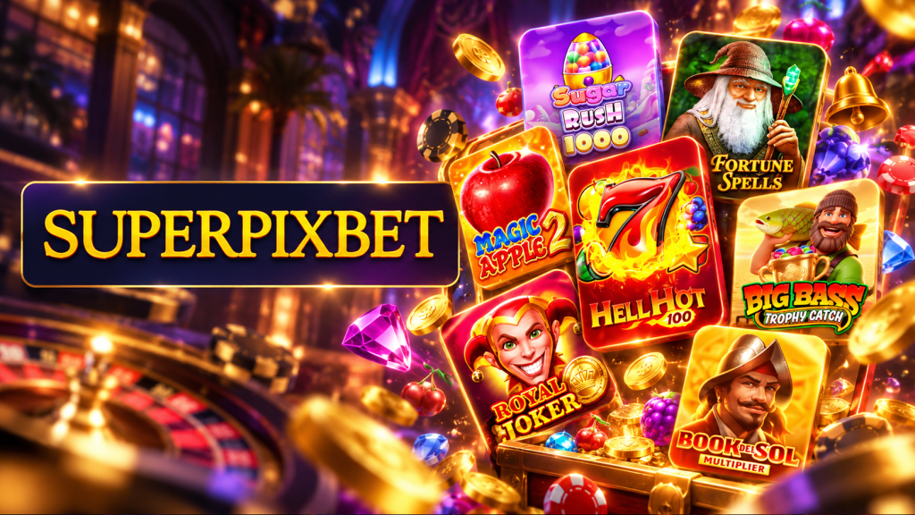 SuperPixBet Casino Review cover featuring the brand logo, colourful slot game artwork, gold coins and a roulette wheel.