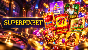 SuperPixBet Casino Review cover featuring the brand logo, colourful slot game artwork, gold coins and a roulette wheel.