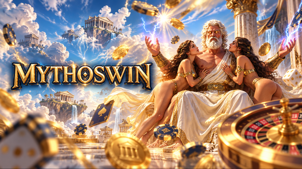 MythosWin Casino Review cover featuring Zeus, two women, Greek temples, casino chips and a roulette wheel.