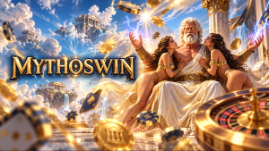 MythosWin Casino Review cover featuring Zeus, two women, Greek temples, casino chips and a roulette wheel.