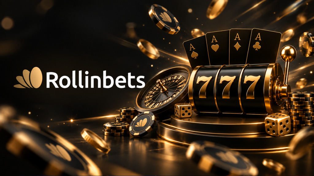 Rollinbets casino review cover featuring the brand logo, a gold 777 slot machine, roulette wheel, playing cards, dice and casino chips.