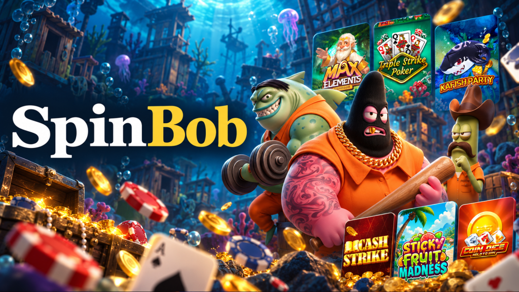 SpinBob Casino Review cover featuring the SpinBob logo, underwater characters, slot game artwork and casino chips.
